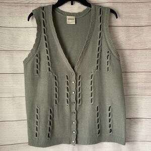 Bedford Fair Gray Knit Sweater Vest Black Ribbon Detail Button Up Size Medium